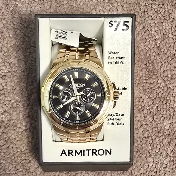 NWT Men\'s Armitron Round Dress Gold/Black  20/5144BKGP ( Needs Battery)